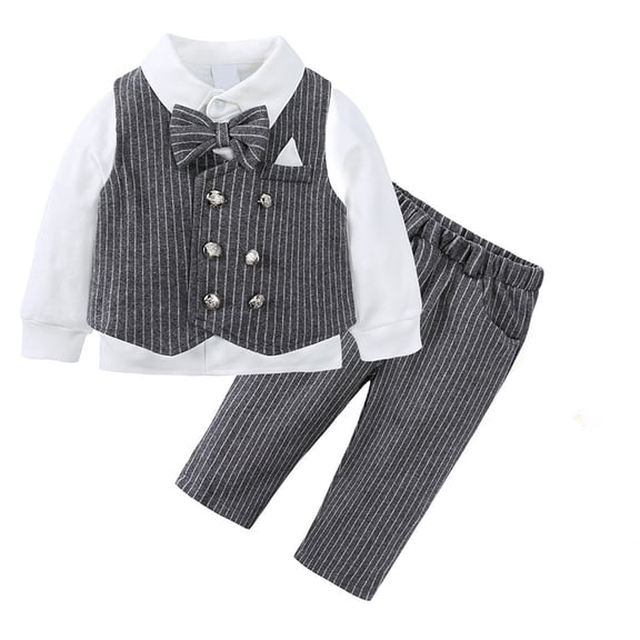 Bobifish Toddler Boys 3 Piece Formal Set Striped Vest Shirt Pants & Bowtie Soft Buttons Pocket Square Dress Pants Kids Formal Wear Weddings Parties Outfit