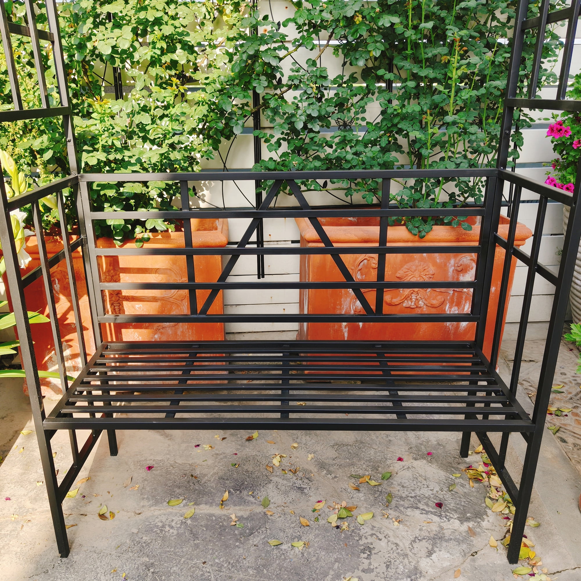 Black Metal Garden Arch with Bench Convertible Flower Stand 5807x9724x1693 Inch Climbing Plants Support Rose Arch Outdoor Garden Decor