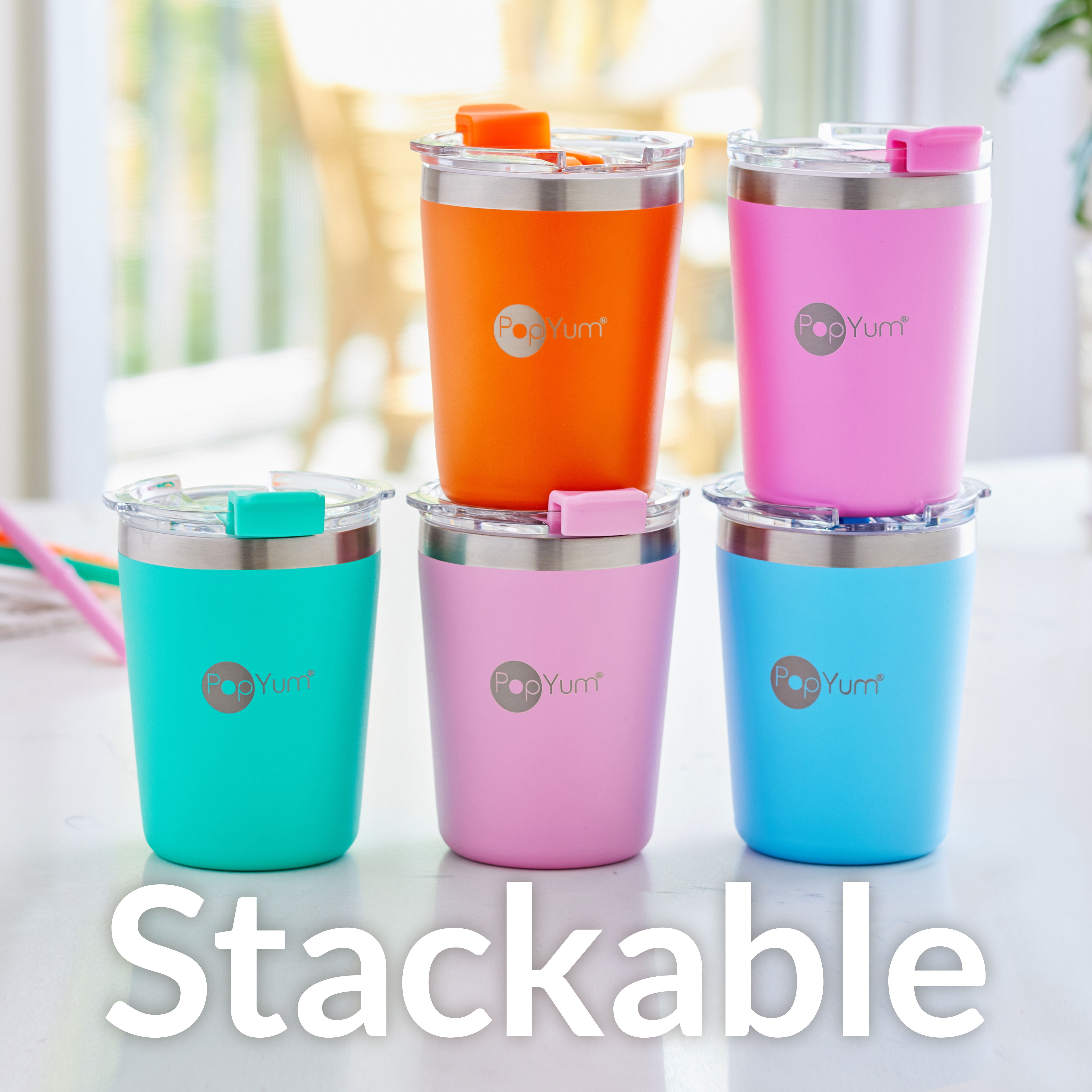 PopYum 9oz Insulated Stainless Steel Kids’ Cups with Lid and Straw, 2-Pack, Orange, Blue