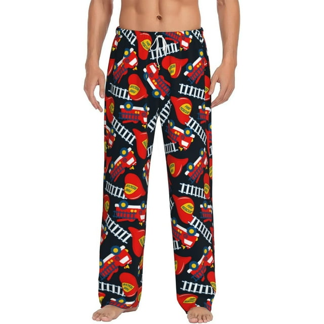 Kdxio Fire Rescue With Red Helmet And Truck Pattern Men's Pajama Pants, Elastic Waist with Drawstring and Pockets, Comfortable Loungewear-X-Large