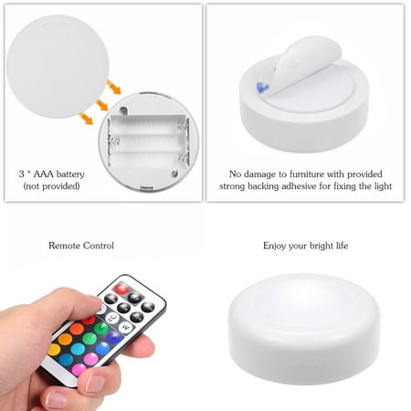 Tomshine DC5V 0.25W RGB LED Cabinet Light Puck Lamp 3 * AAA Battery Powered Operated 6 Pack with 2 Remote Control Controller 10 Levels Adjustable Brightness Dimmable 13 Colors Changing Flash/
