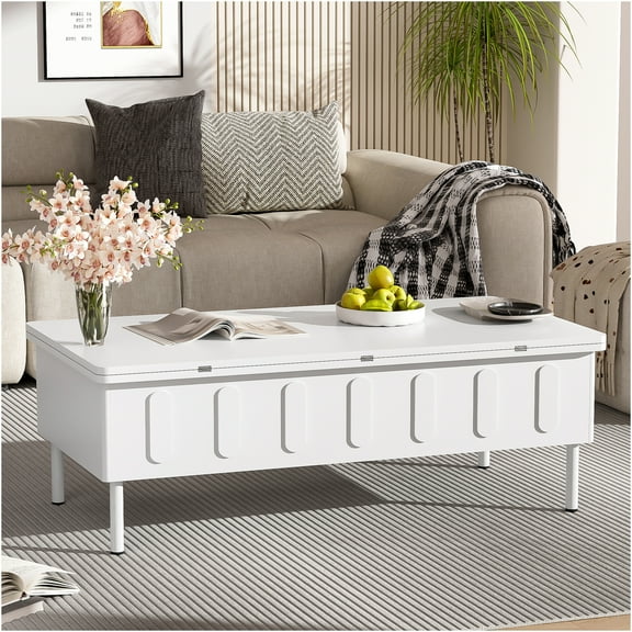JERFIT White Lift-Top Coffee Table with Storage, 3-in-1 Convertible Folding Desk & Dining Table with 2 Drawers for Small Space Living Room
