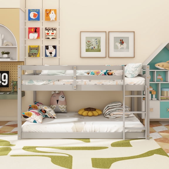 Solid Wooden , Solid Rubber Wooden Twin over Twin Floor Bunk Bed with Ladder ,Upper and Bottom Bed Platforms crafted with Strengthened Slats ,Grey