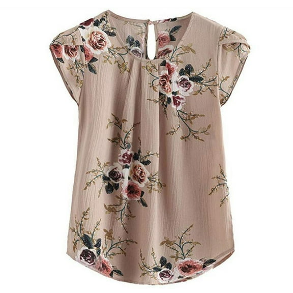 QENGING Summer Tops for Women 2023 Casual Round Neck Shirt Flower Pleated Slim Print Short Sleeve Top