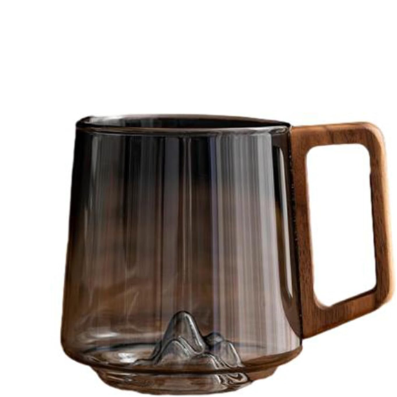 Smokey Gray Glass Slanted Coffee Cups With Wooden Handle, Wooden Coffee Mug, Creative Wonder Mountain Bottom Wood Handle Cup (Smoke Gray, Small)