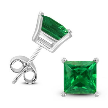 2 ct Princess Cut Green Created Emerald Stud Earrings in Sterling 