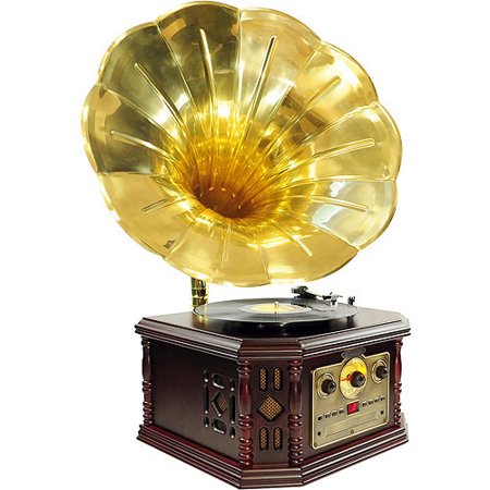 Pyle Vintage Phonograph Horn Turntable with CD, Cassette, AM/FM, Auxiliary Playback and USB Recording