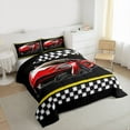 thumbnail image 3 of Feelyou Cartoon Red Automobile Bedding Comforter Set, Yellow Stripes Lines Twin Comforter Sets, Checkered Square Plaid Reversible Bedding Set, Breathable Home Decor, 2pcs, 3 of 8