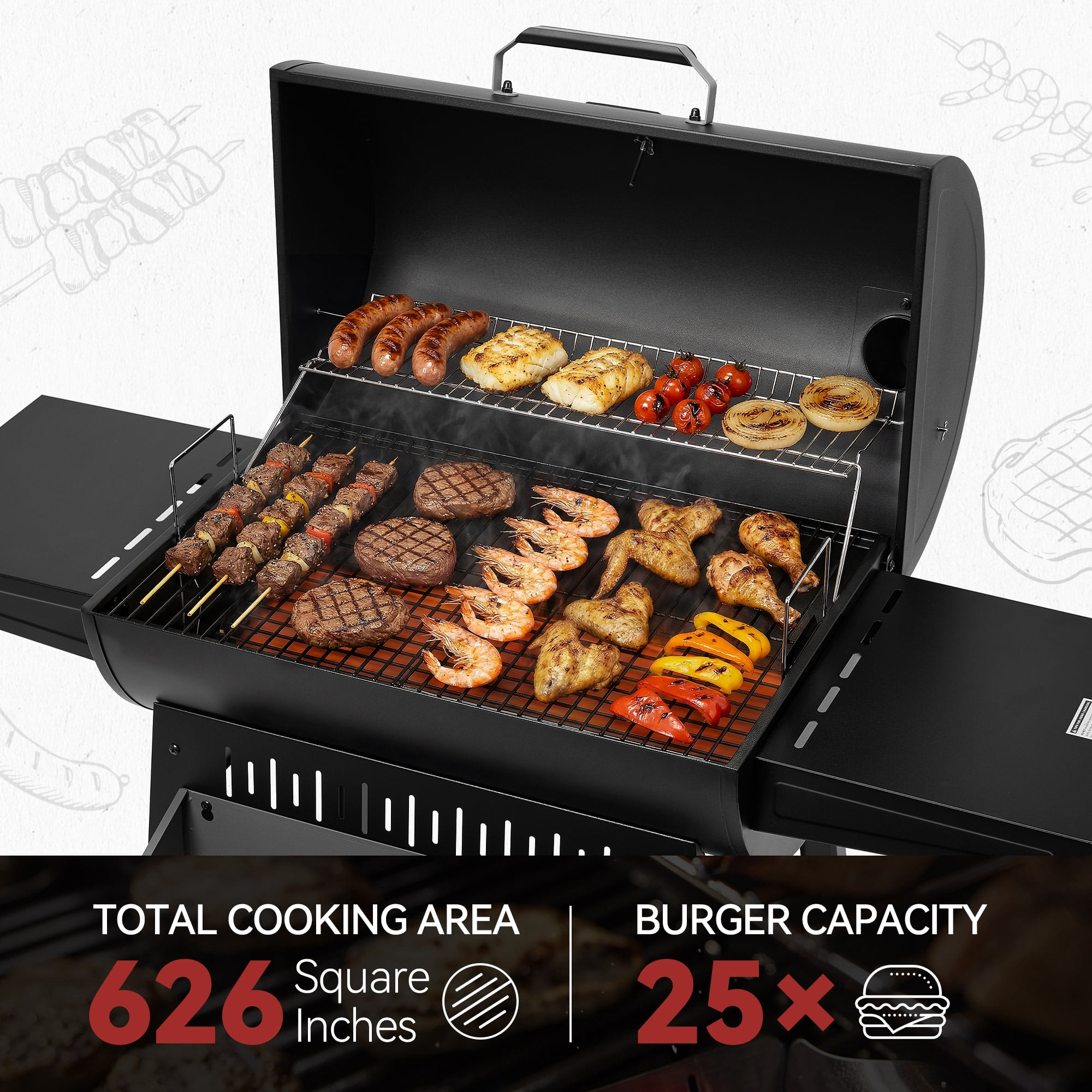 Royal Gourmet Barrel Charcoal Grill with Offset Smoker for Backyard Cooking, Black