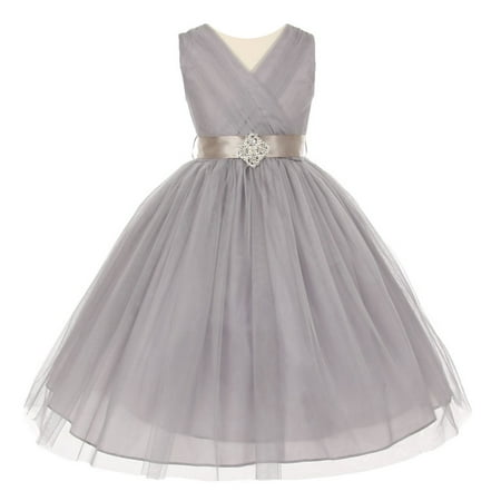 Brooches For Dresses - Big Girls Silver Pleated Rhinestone Brooch Tulle Junior Bridesmaid Dress 12