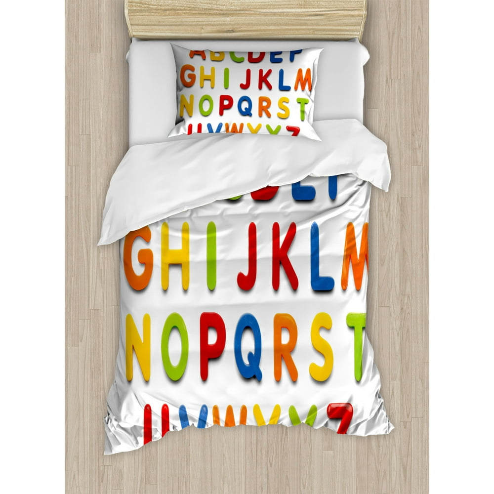 Letters Twin Size Duvet Cover Set, Multicolored Collection of Alphabet