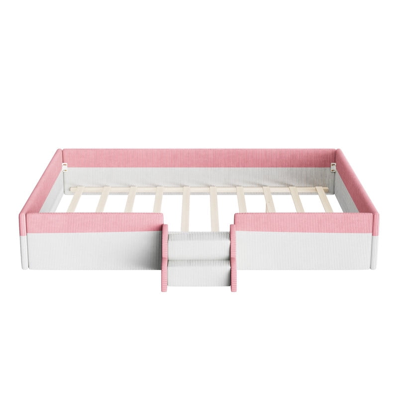 Queen Size Upholstered Floor Bed with Fence, Corduroy Montessori Bed Toddler Bed with 2-Tier Steps and Smart LED Lights, Low Profile Platform Bed for Kids