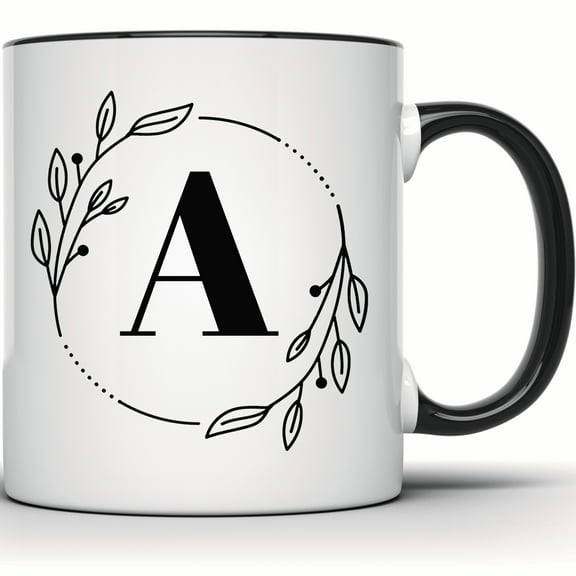 Floral Letter A Mug - Botanical Initial Coffee Mug, Personalized Monogram Gift for Her, Custom Floral Design - 11 Ounce Black Rim Handle Novelty Coffee Cup - WMUG0351-Black Rim