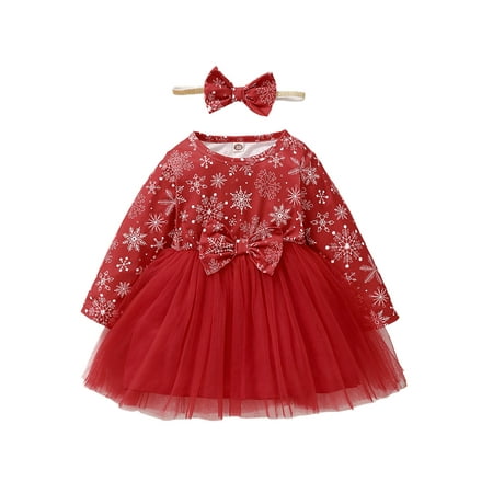 

PBaeM Baby Girls 3-24Months Christmas Snowflake Dress Ball Gown With Bow Hairband 2Pcs Outfit Sets