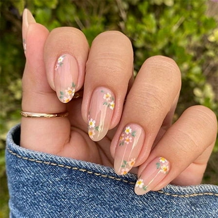 24 Pcs Almond Shape Flowers False Nails Sweet Acrylic Nails Glossy Full Covers on Nails for Woman