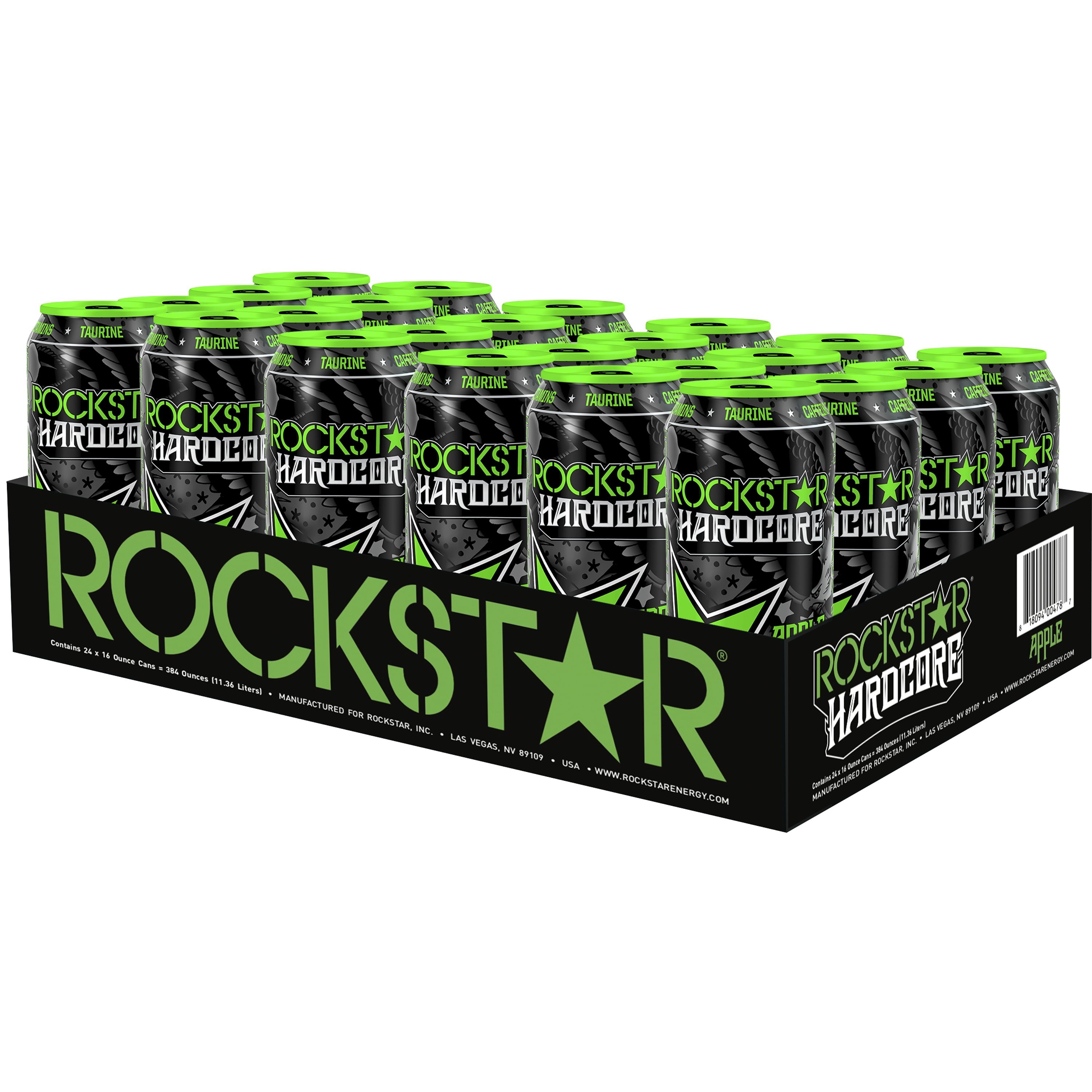 Rockstar Hardcore Energy Drink, Green Apple, 16 oz Cans, 24