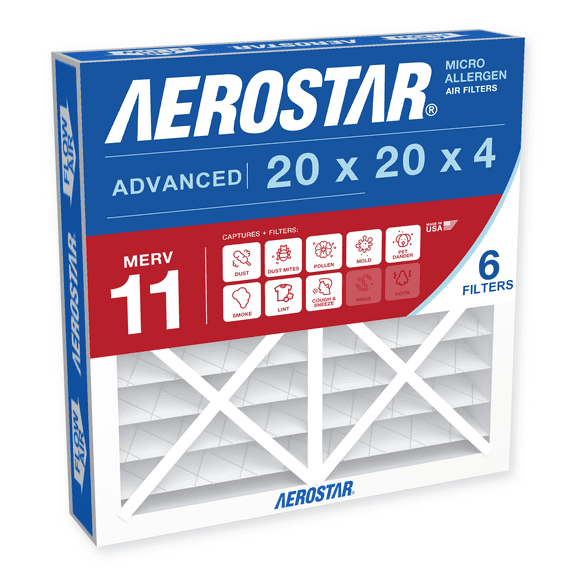 Aerostar 20x20x4 MERV 11 Air Filter, Pleated AC Furnace HVAC, Pet Dander Mold Smoke, 6 Pack