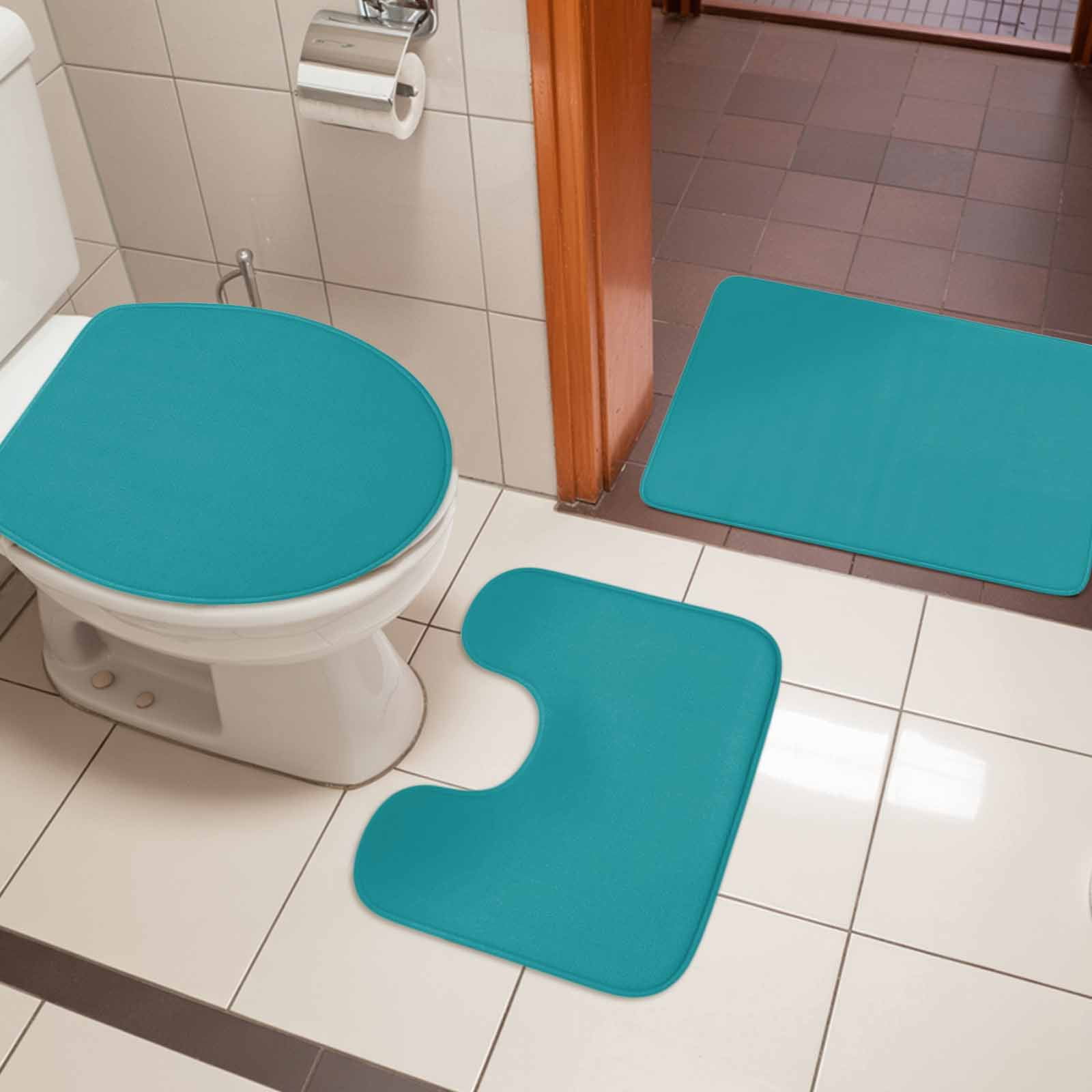 Teal Bath Mat 3 Piece Bathroom Rug Set, Turquoise Pure Teal Non Slip Bath Rug Contour Mat and Toilet Lid Cover, Absorbent Shower Mats Soft Bath Rugs and Mats Sets