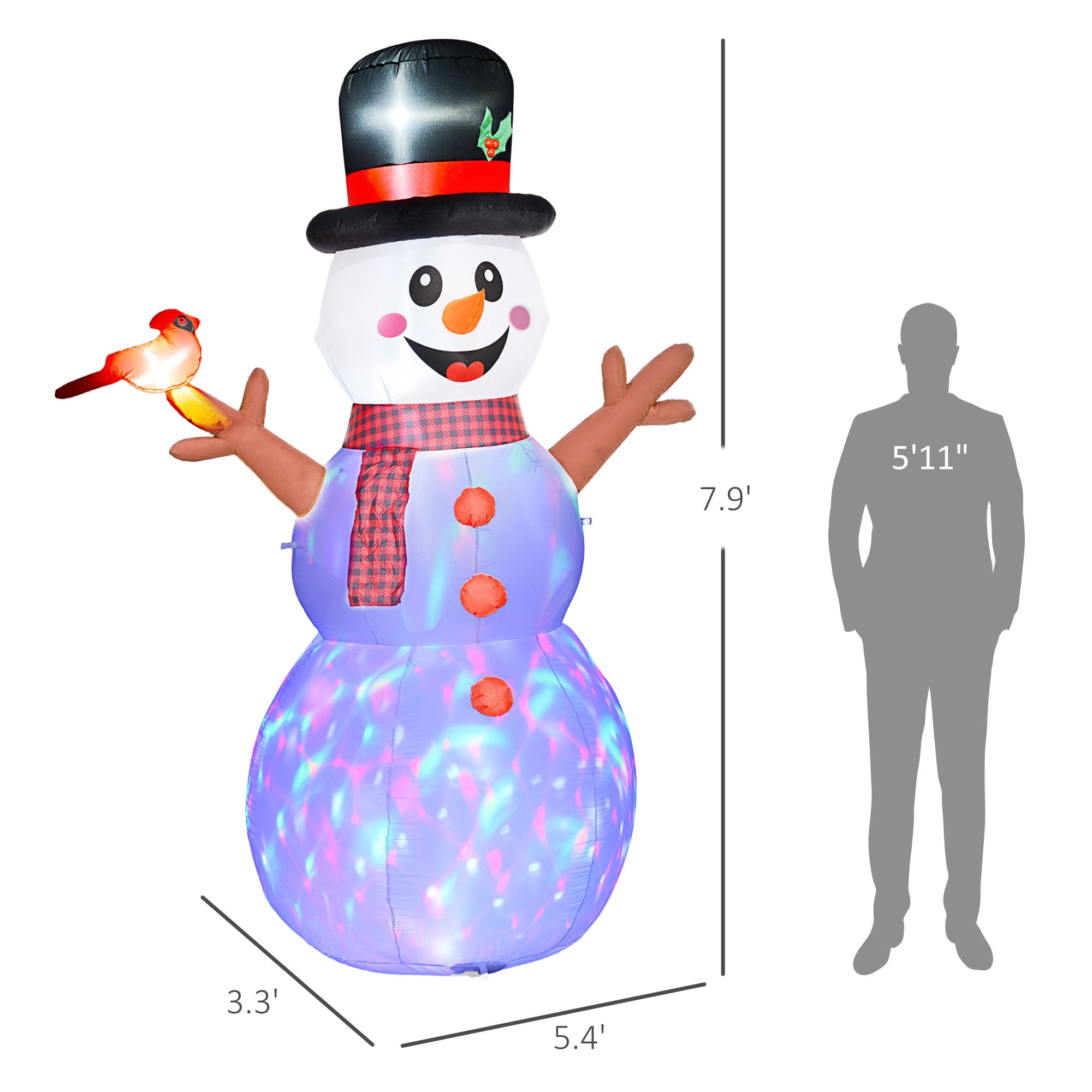 6ft Inflatable Snowman with Branch Hands LED Lights Rotating Colorful Light Outdoor Yard Christmas Decoration