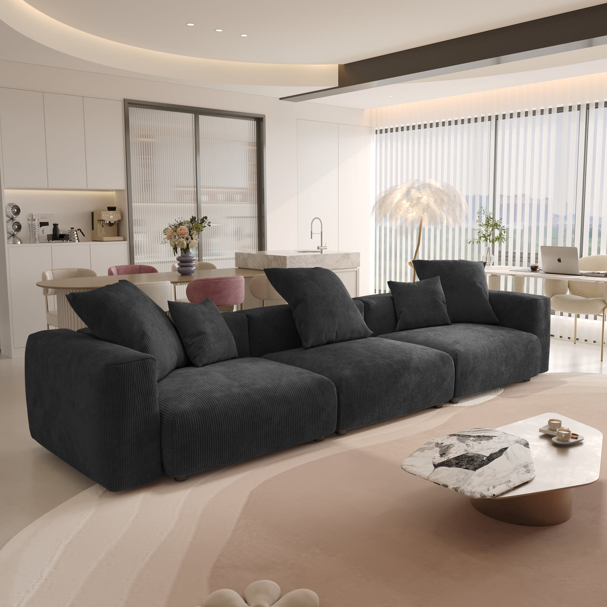 Magic Home Convertible Sectional Sofa Modular Couch,Modern Corduroy Sofa with Pillows for Living Room,Apartment and Small Space,3-Seat Sofa,Black