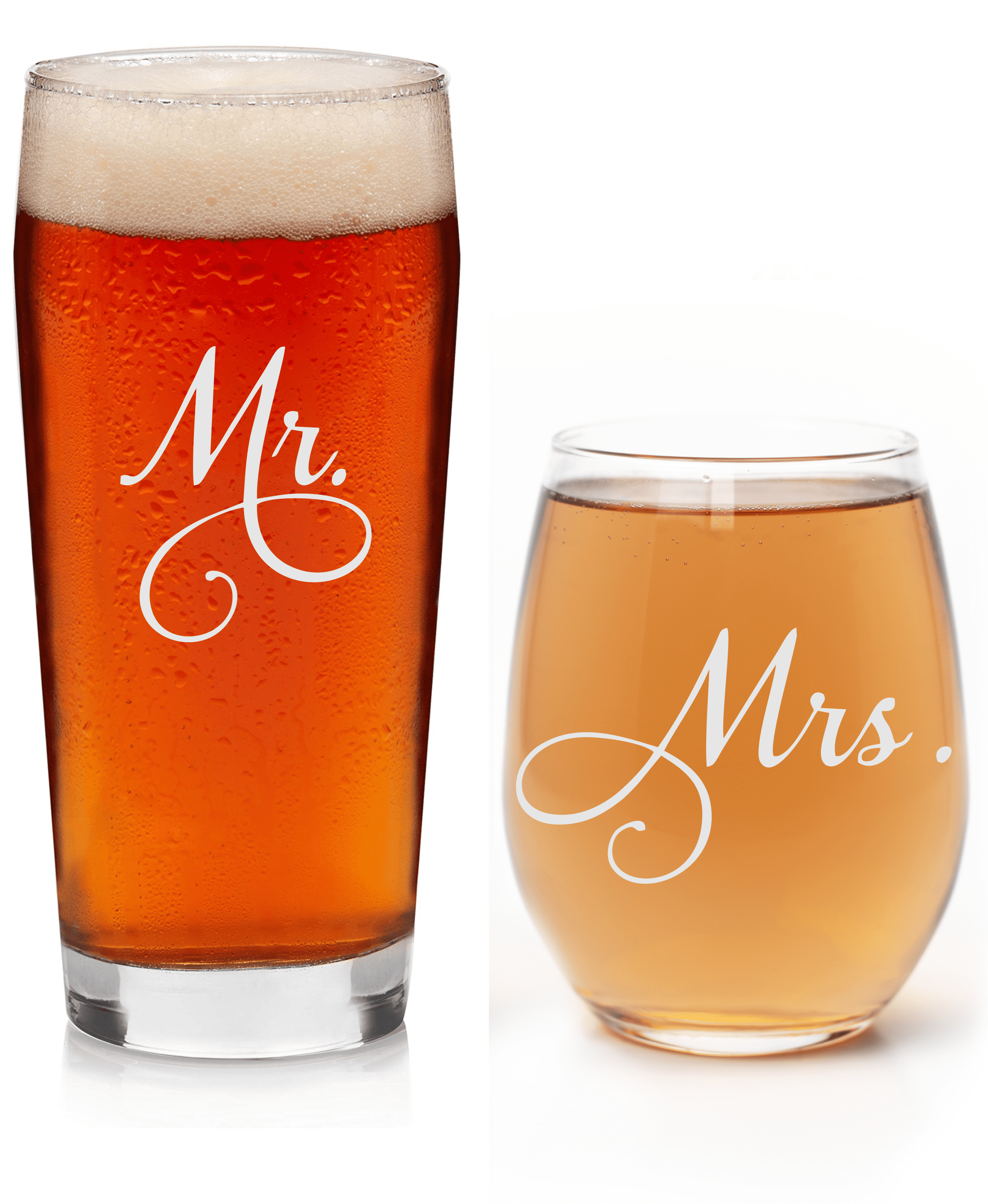 C&M Personal Gifts Mr. 20 oz Beer and Mrs. 15 oz Stemless Wine Glass Set of 2 - Bridal, Engagement, Weddings, Couple Gift