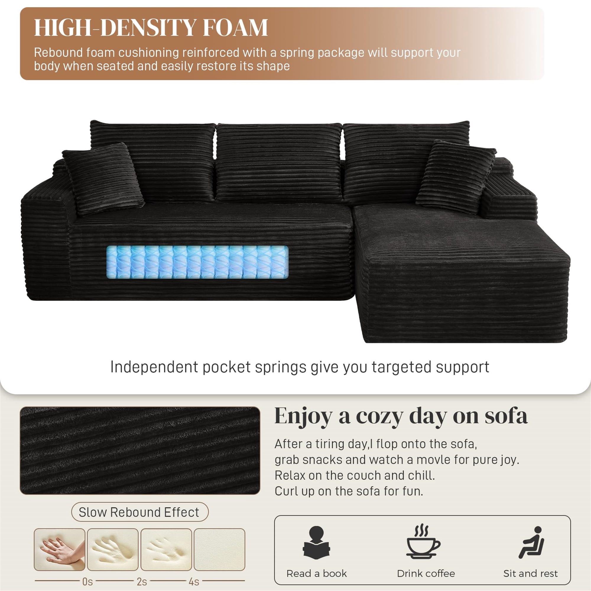 Aukfa 108" Cloud Sectional Sofa Deep Seat Boneless Couch Modular L-Shaped Couch, Rihgt Chaise Corduroy Sofa for Living Room, Black