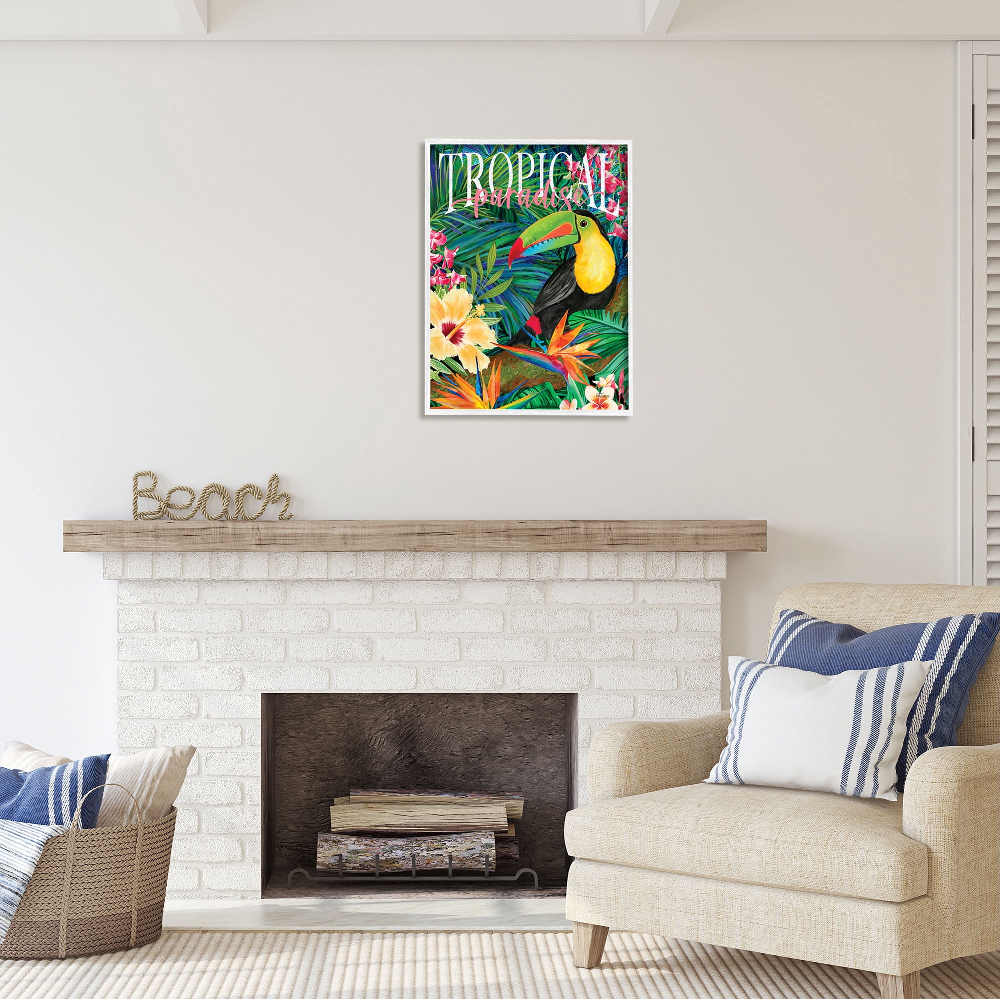 Stupell Industries Tropical Paradise Toucan Animals & Insects Painting White Framed Art Print Wall Art, 24 x 30