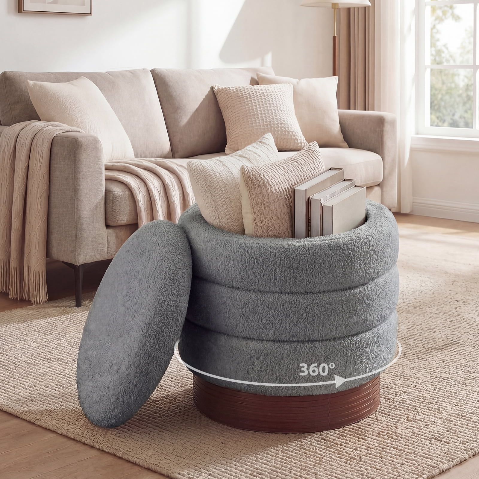 Costway 360° Swivel Boucle Foot Rest with Hidden Storage, 400 Lbs Weight Capacity Footstool Gray and Brown