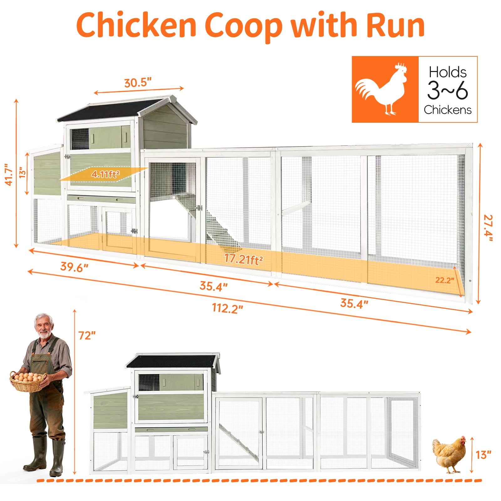 Wooden Chicken Coop, Large Outdoor Hen House with Run and Nesting Box Poultry Cage, Rabbit Hutch, Waterproof Anti-UV Panel for Backyard Grey Green