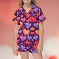thumbnail image 3 of Girls Satin Pajamas Heart Print Short Sleeved Button Top Valentines Day Pjs Loose Home Outfit Set 2-Piece Sleepwear Pjs for Kids 12-13 Years, 3 of 5