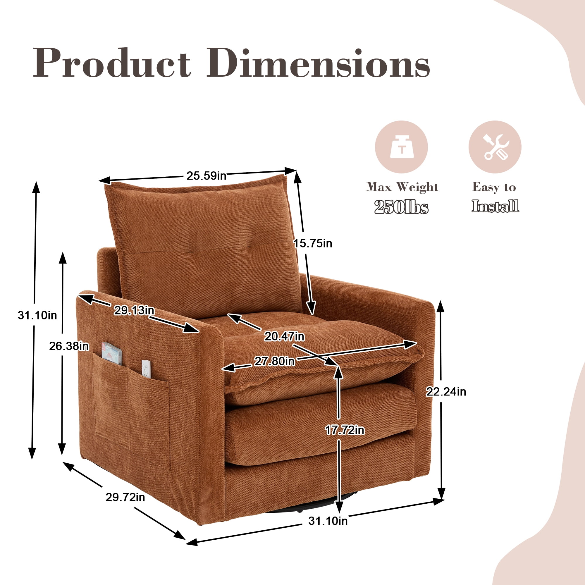 Leumius Swivel Accent Chair,Mid Century Modern Chenille Armchair with Thick Padded and Metal Base,Swivel Single Sofa Chair Barrel Reading Chair for Living Room Bedroom,Brown