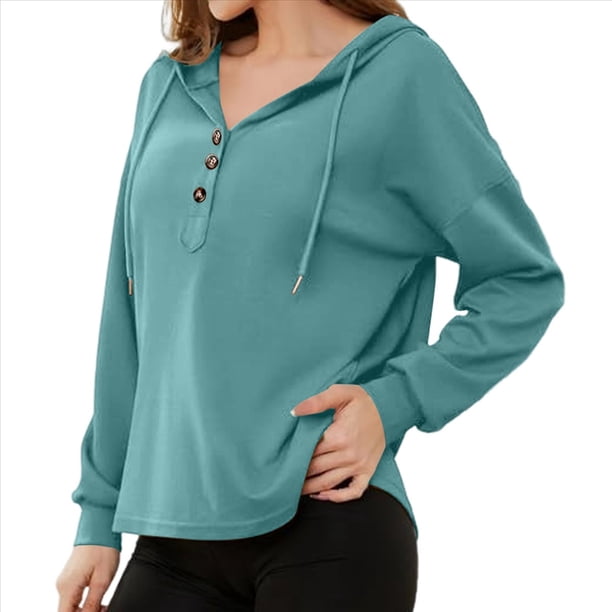 Sudadera con Capucha para Mujer, Cuello Abotonado, Cordón Ajustable, Sudadera Informal de Larga, Camisetas. Azul y Verde XXL
