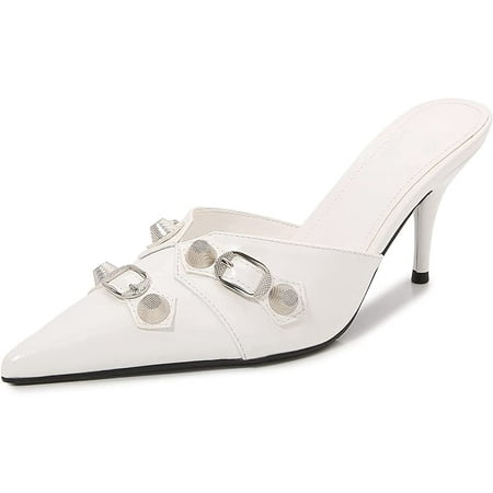

THE SHY Heeled Mules for Women Pointy Toe Studded Low Kitten Heels Slip On Stiletto Heel Sandals Dress Shoes