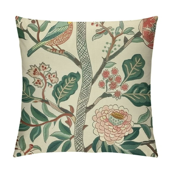 Qinduosi Vintage Bird Floral Pillow Covers Inch Set of Pink Green Yellow Flower Decorative Throw Pillows For Farmhouse Home Decor Sofa Bed Outdoor