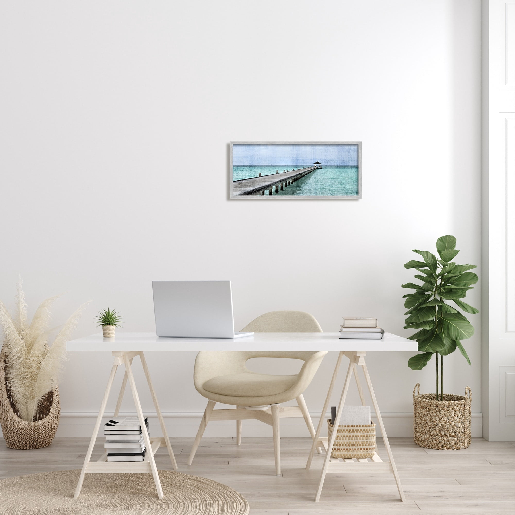 Stupell Industries Long Wharf Beach Paradise Distressed Ocean Waters Landscape Photography Gray Framed Art Print Wall Art, 13 x 30