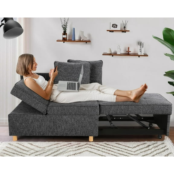 SEJOV Sofa Bed, 4-in-1 Convertible Sleeper Sofa, Pull Out Couch with 3 Seater, Sofa Chair with 5 Adjustable Backrests, 71’’ Linen Couch with 2 Pillow, Loveseat for Living Room, Black