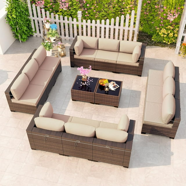 Kullavik 14-Piece Outdoor Rattan Sofa Set, Patio Furniture Wicker Sectional Couch with Coffee Table & Pillows, All-Weather PE Rattan Conversation Set for Garden, Poolside, Backyard,Sand