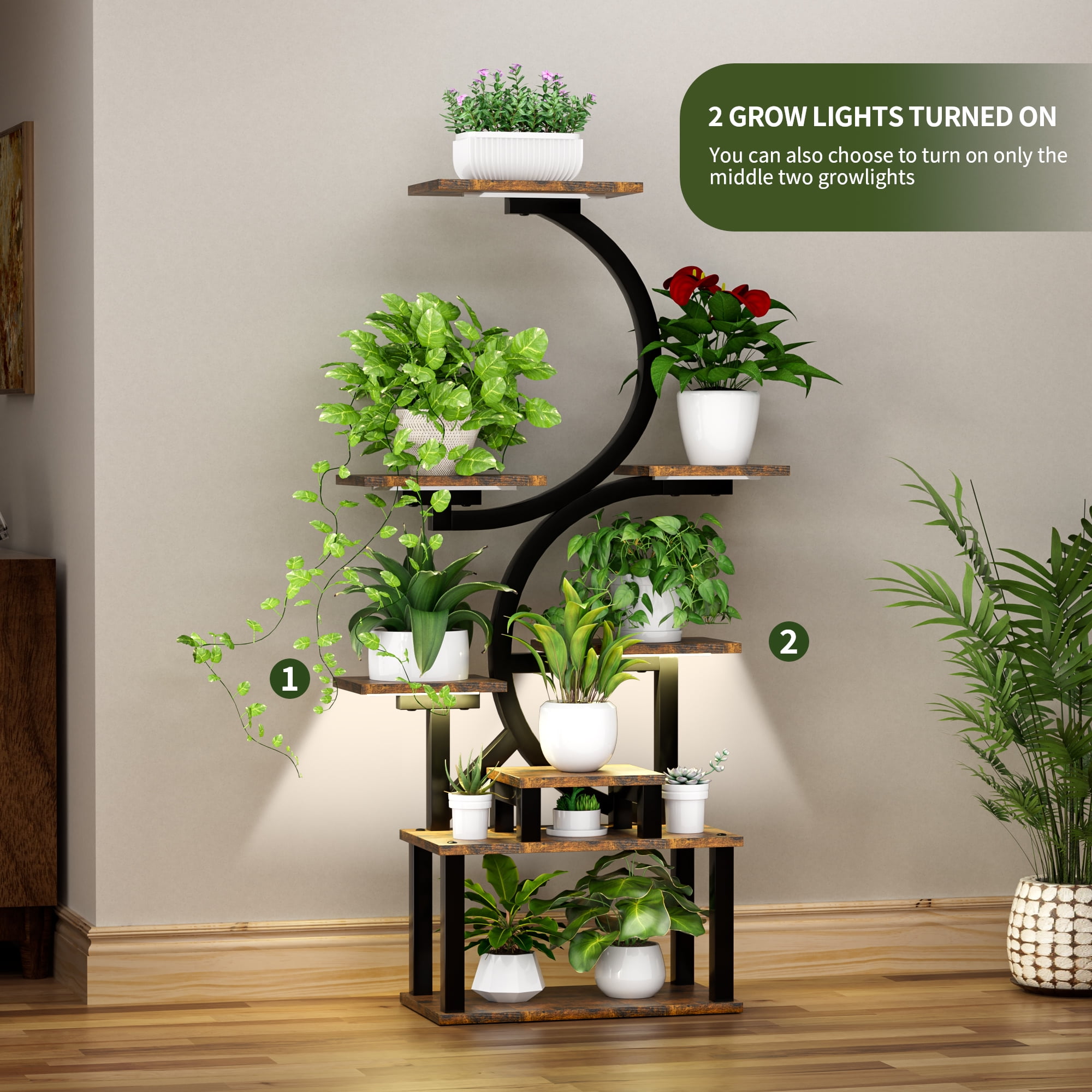 8-Tier Indoor Plant Stand with Full-Spectrum Grow Lights 5 Lights Stepless Dimming for Living Room Bedroom Garden