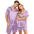 thumbnail image 2 of （Mens） Lightweight Summer Couple Satin Silk Button Down Short Sleeve Top Casual Shorts Matching His Hers Outfit Light Purple XL, 2 of 7