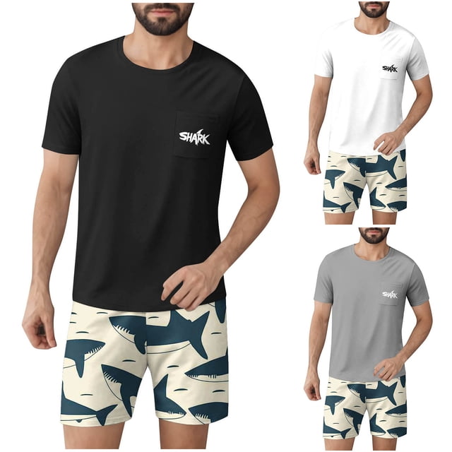JDQJBZ Mens Casual Set 2 Piece Outfits Print Short Sleeve Crew Neck Tee Drawstring Shorts