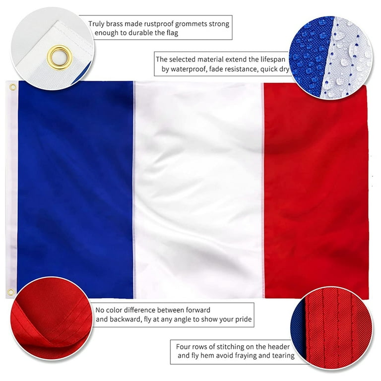 World Cup Flag! France Flag Color Long Grommets, Blend Heavy Fade Cotton - Outdoor, Resistant Polyester with Lasting Duty Waterproof Brass Bright 5x3FT
