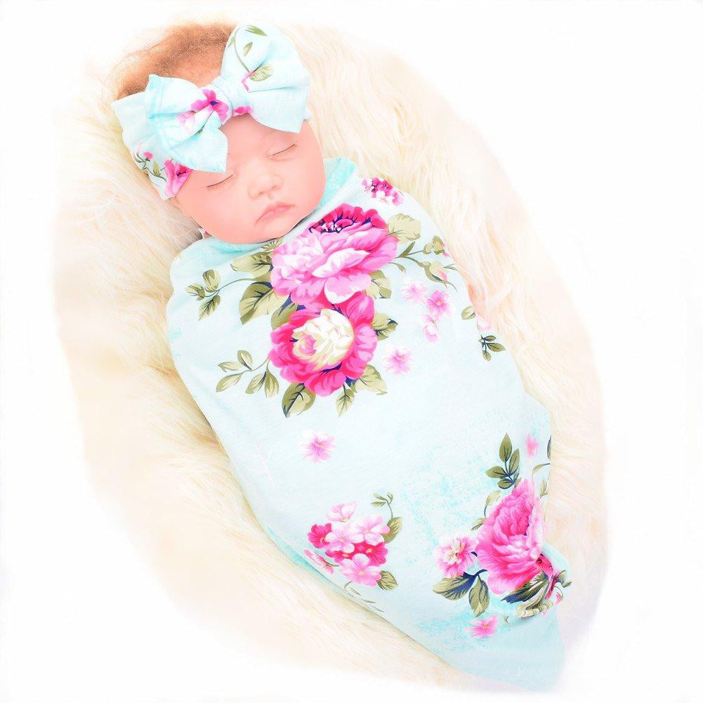 DRESHOW Newborn Receiving Blanket Headband or Hats Set Flower Print Baby Swaddle Receiving Blankets 