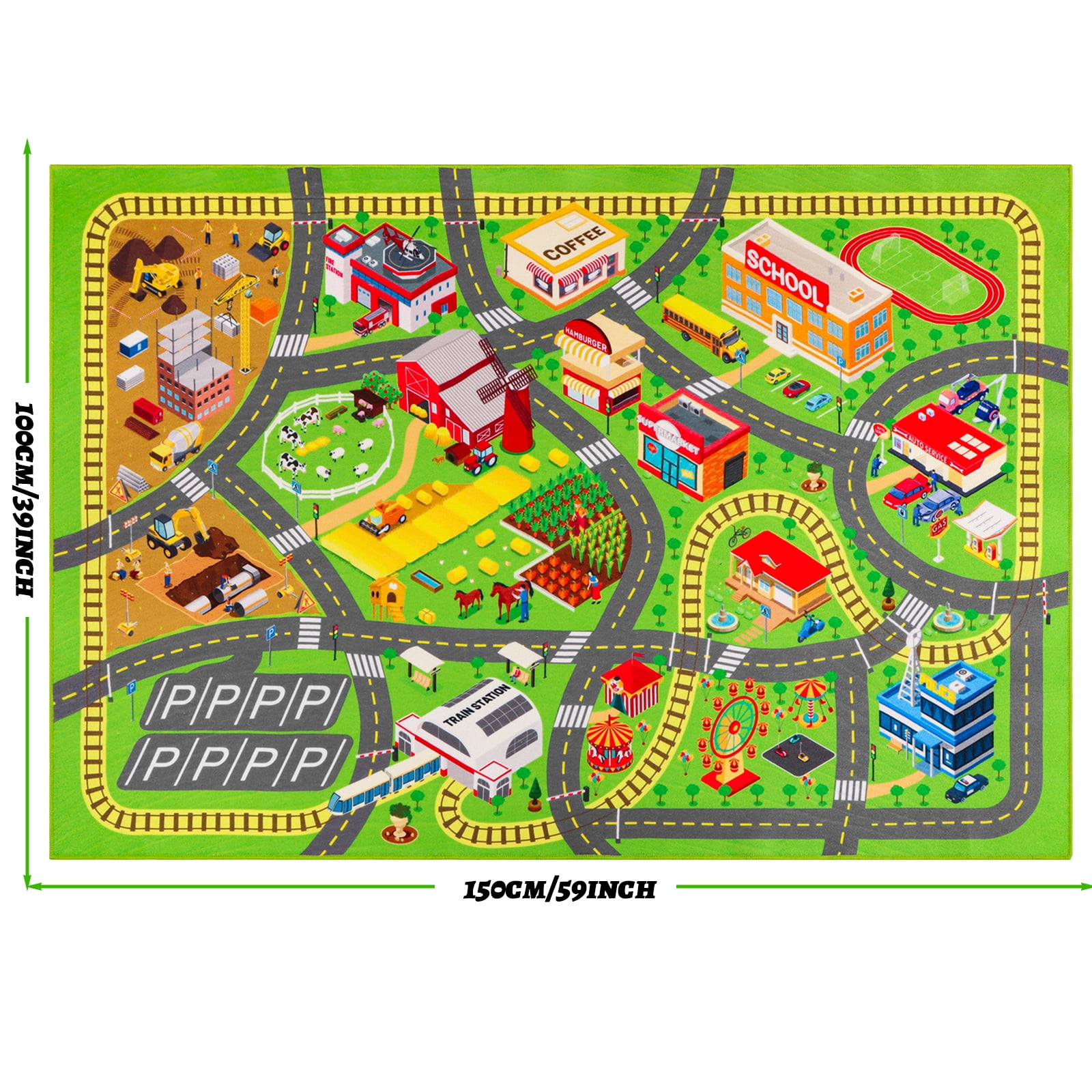 Car Rugs for Kids Toy Cars, Non-Slip Kids Play Rug, Town City Road Carpet for Kids Boys Playroom Bedroom, Washable Car Track Playmat Vehicle Mat for Children Baby (City, 59"X39.4")