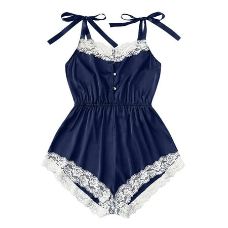 

Knosfe Satin Lace One Piece Bodysuit Lingerie for Women Bow Sleepwear Pajamas S