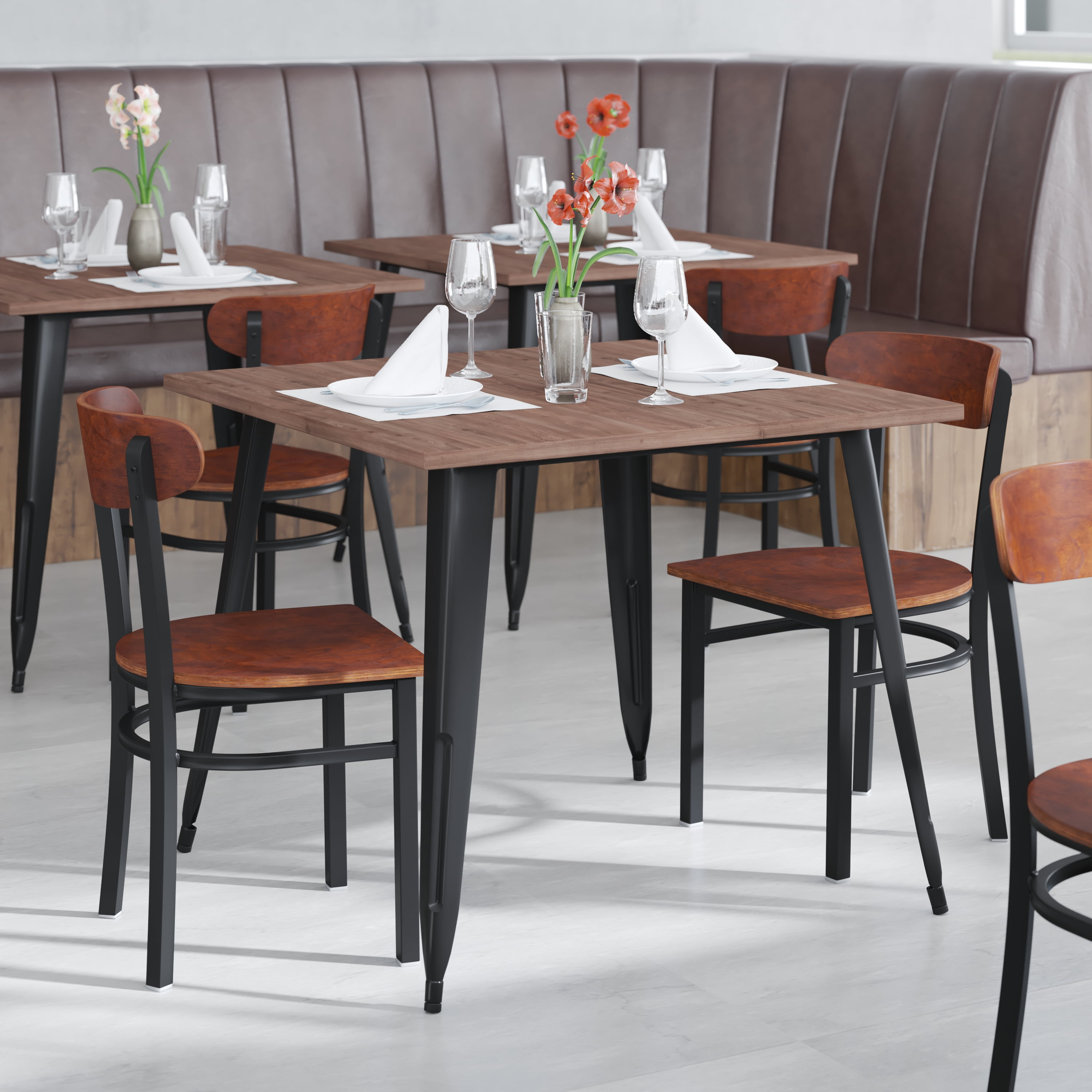 Flash Furniture Wright Metal/Wood Restaurant Chair, Set of 2, Walnut