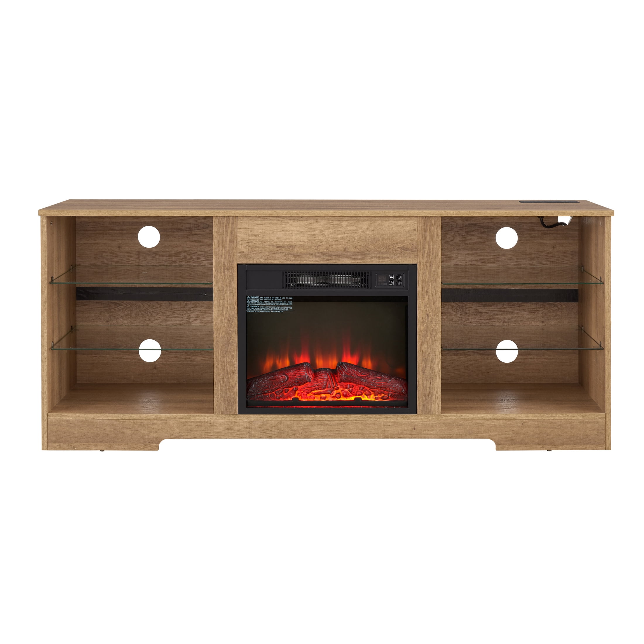 Noble House Hector 58" Electric Fireplace TV Stand, Media Console with Glass Shelves, Cable Hole, 62" TVs, Oak