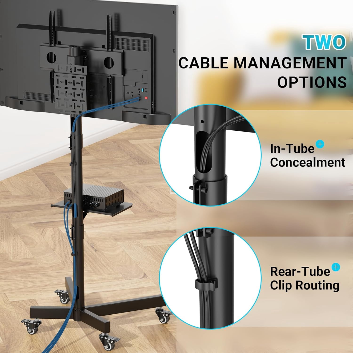 Mobile TV Stand for 23-65 Inch TVs, Rolling TV Stand with Locking Wheels, Adjustable Height, Media Shelf, Max VESA 400x400mm, Holds Up to 88lbs