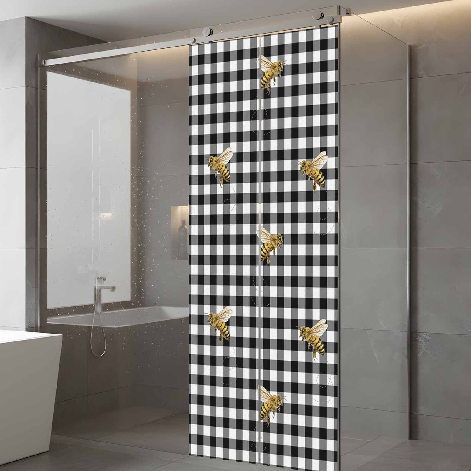 Bee Window Privacy Film, Country Bees Black White Buffalo Plaid Checkered Farmhouse Frosted Glass Window Clings Static Cling UV Heat Blocking Reusable Door Sticker for Bathroom 23.6 x 59 Inch