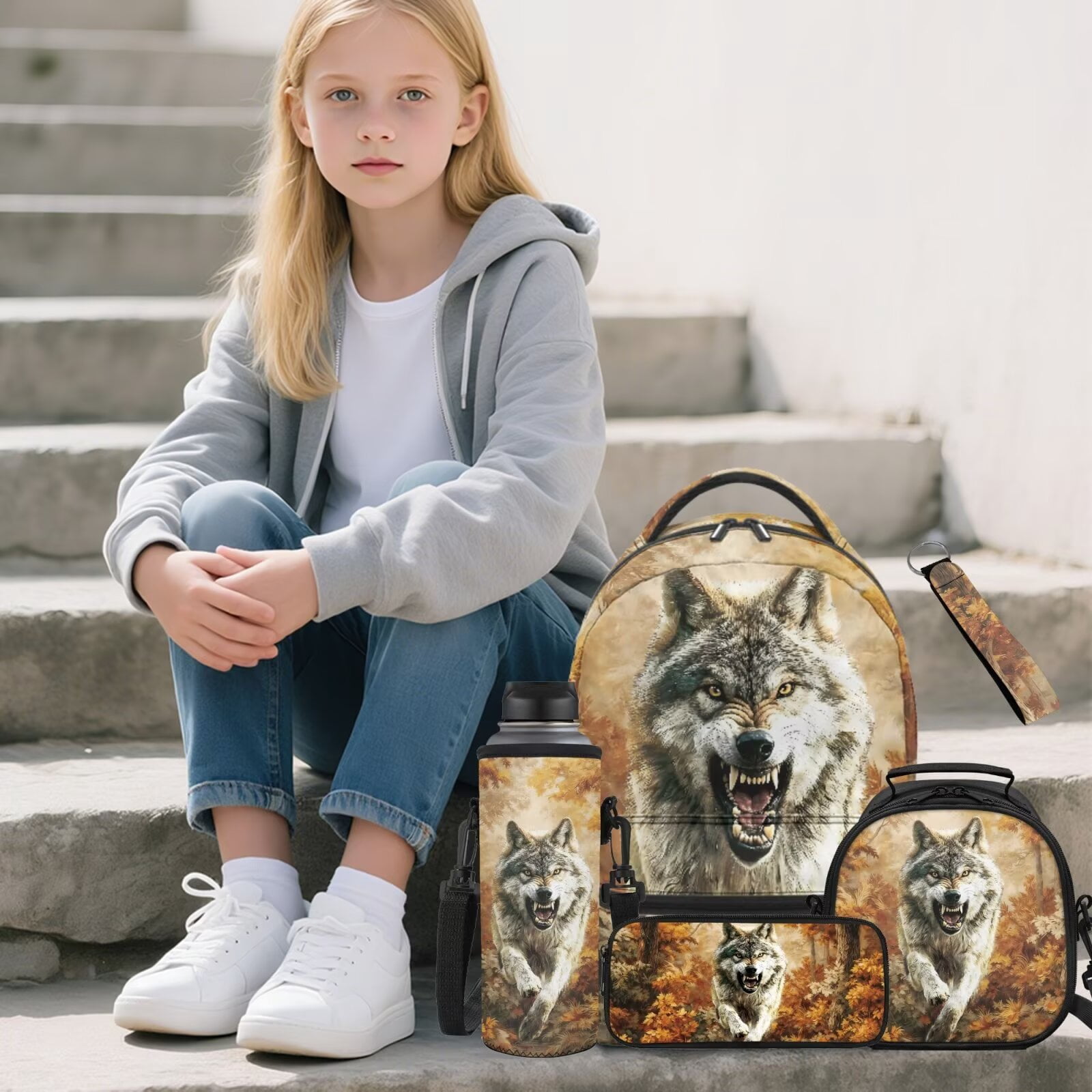 Pzuqiu Wolf Print Back Pack for School Boys 5 pcs Kids Backpacks for Boys Lunch Bag with Water Bottle Holder Pencil Bag Cute Travel Rucksack Camping School Bag