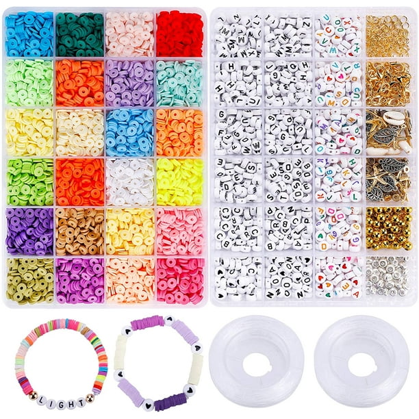 6000pcs Clay Heishi Beads with Letter Beads for Bracelets, 24 Colors 6mm  Flat Polymer Clay Spacer Beads with Elastic String and Pendant and Jump
